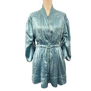 Love The Label Dress Women S Blue Satin Mini Zip Up Drawstring Waist Puff Sleeve
